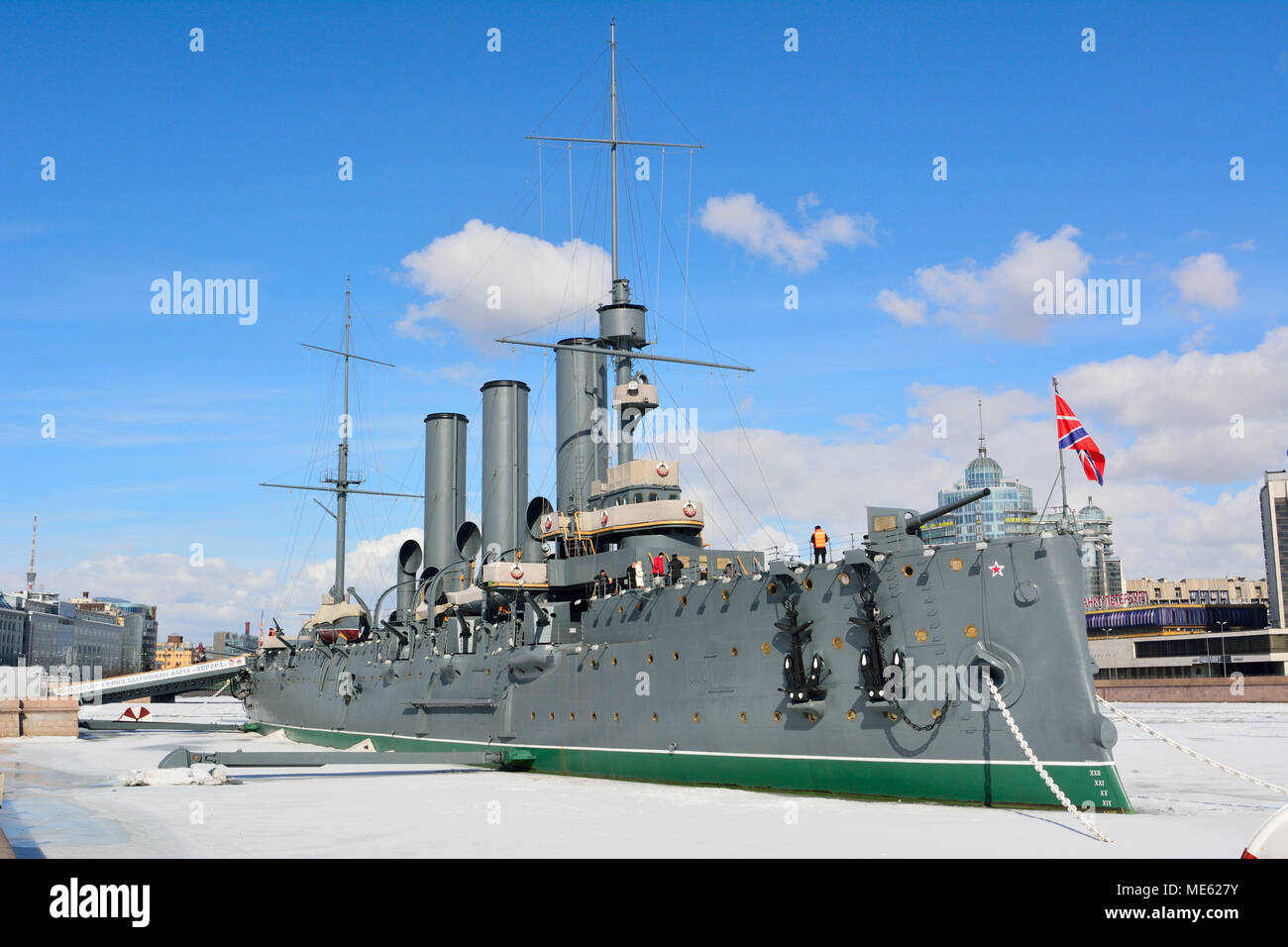 St Petersburg, Russia - March 27, 2018. Russian cruiser Aurora, dating from 1900, in St Petersburg, with people. Stock Photo