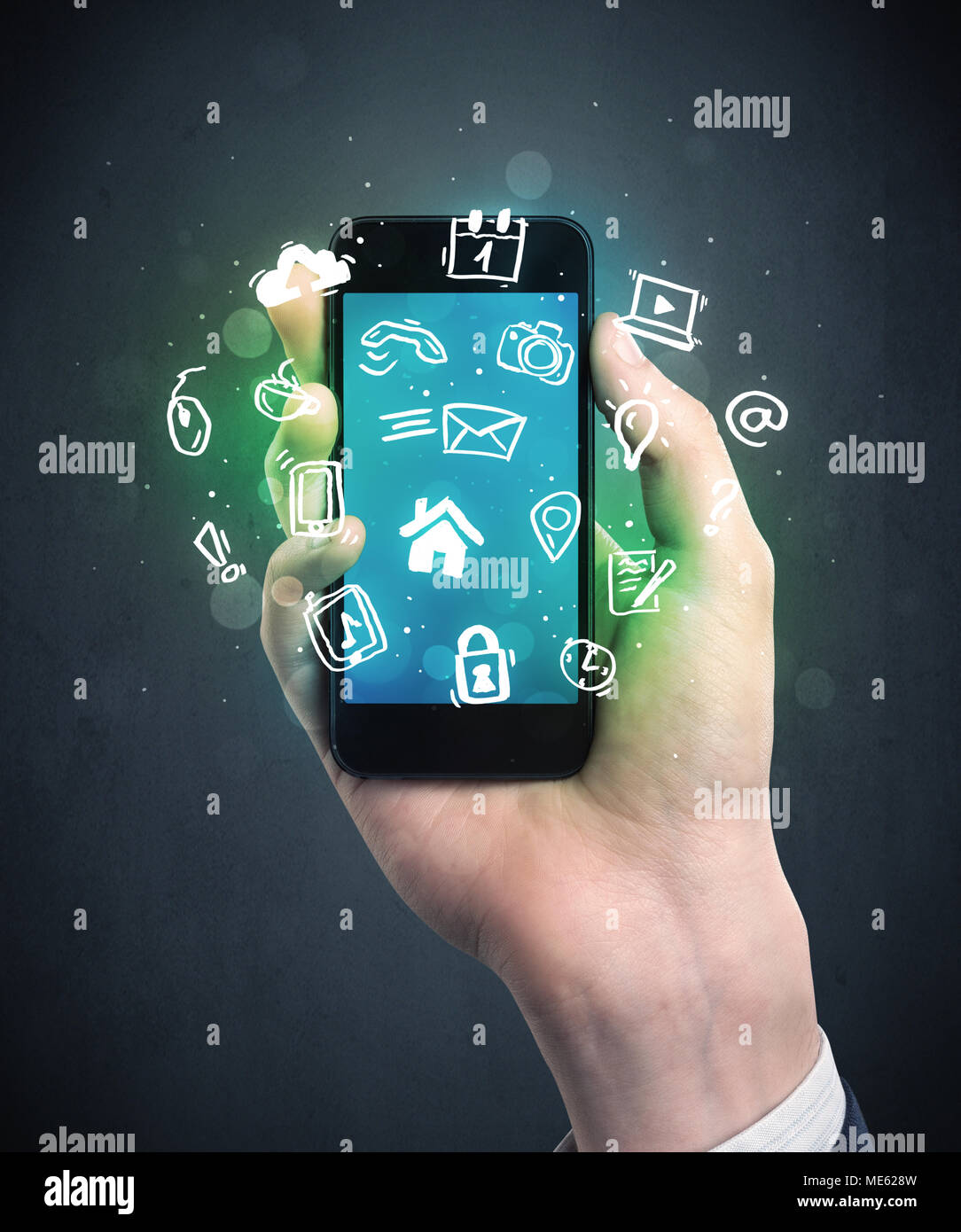 Caucasian hand in business suit holding a smartphone with drawn web ...