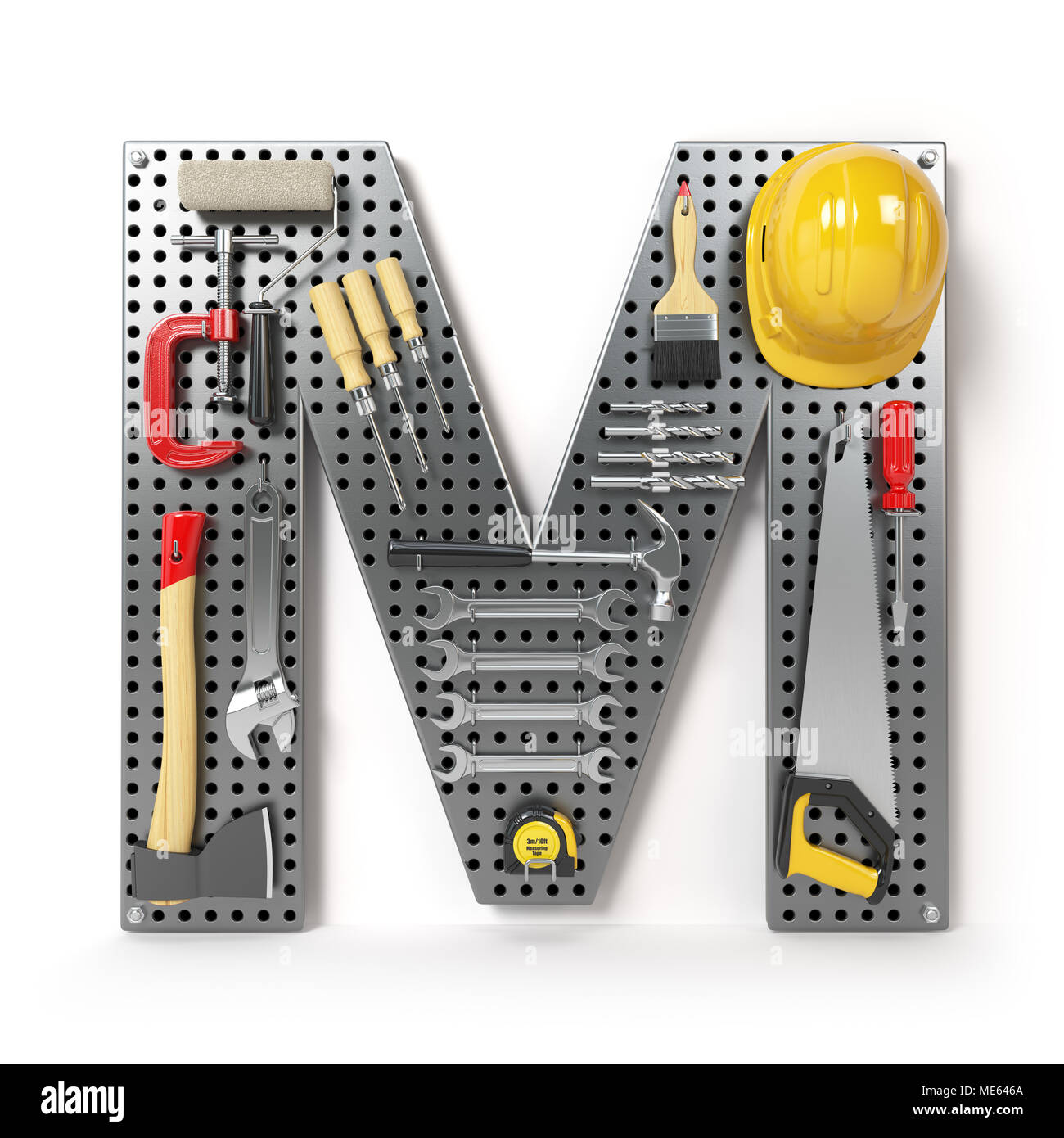 Letter M. Alphabet from the tools on the metal pegboard isolated on white.  3d illustration Stock Photo - Alamy