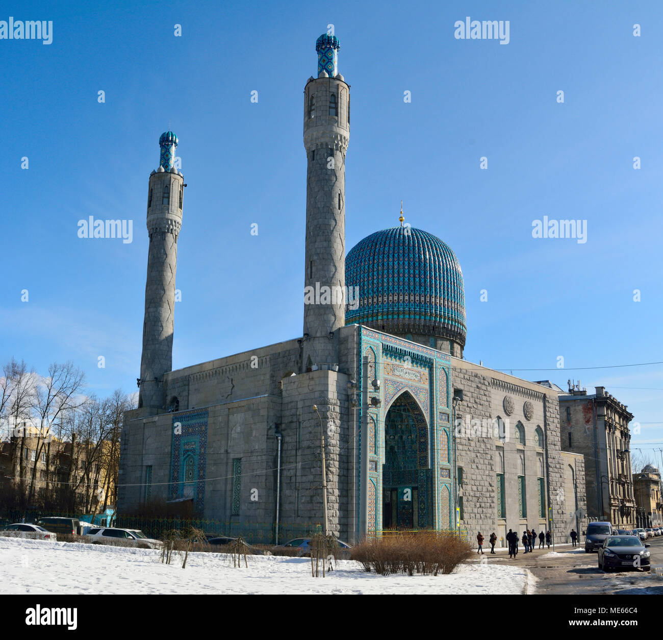 St Petersburg, Russia - March 27, 2018. Exterior view of the Mosque building, dating from 1910-1914, on Kronversky pr in St Petersburg, with surroundi Stock Photo