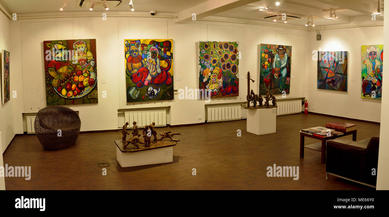 Moscow, Russia - March 22, 2018. Interior view of exhibition space of Tsereteli museum, with paintings, sculptures and furniture. Stock Photo