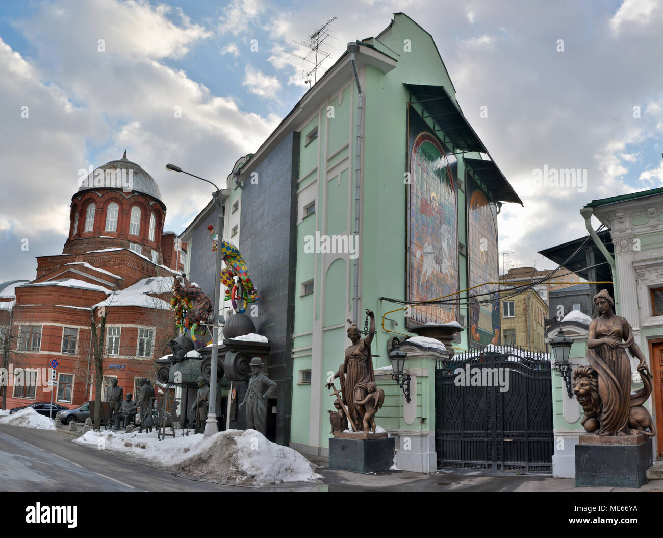 Moscow, Russia - March 22, 2018. Exterior view of Tsereteli museum in Moscow, with surrounding historic buildings and sculptures. Stock Photo