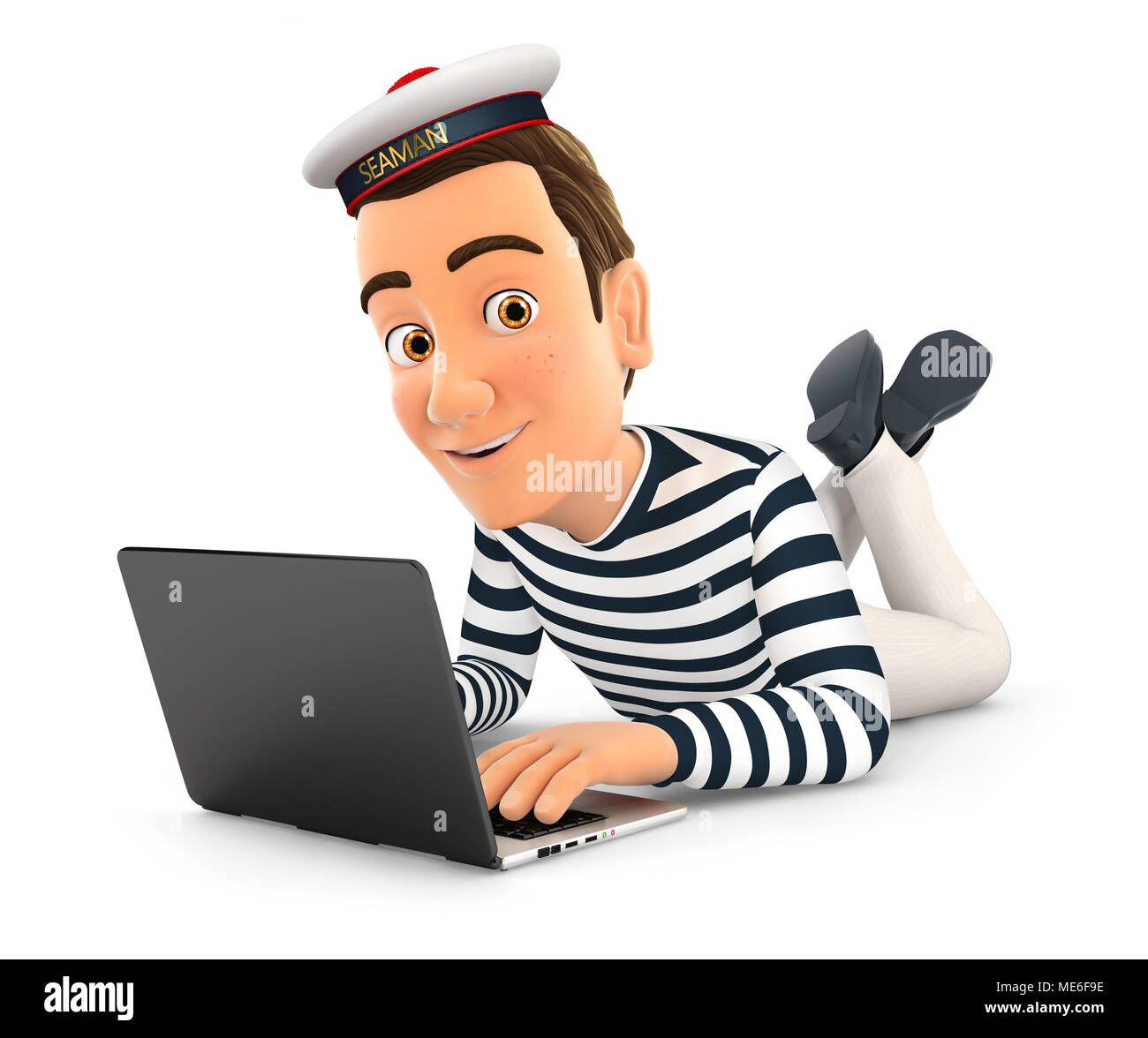 3d seaman lying on the floor and using laptop, illustration with isolated white background Stock Photo