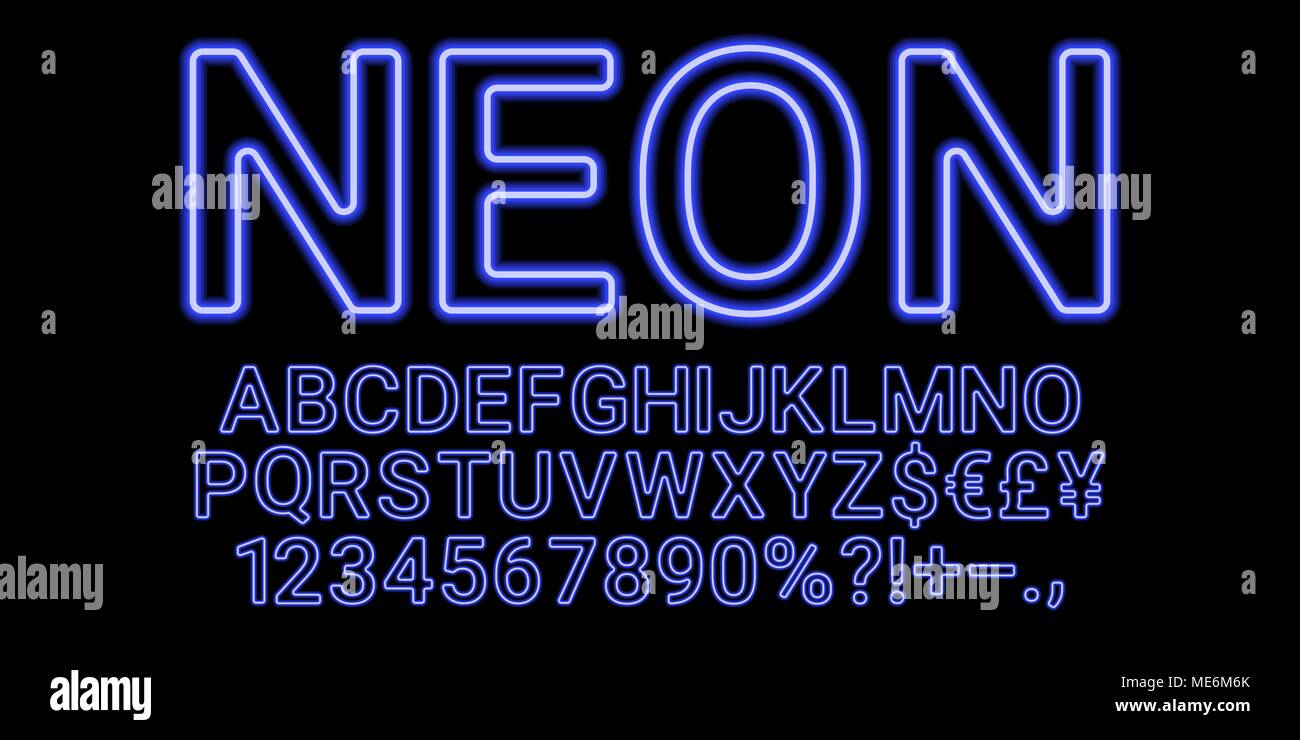 Neon font in blue color. Vector collection of latin neon letters, neon alphabet consisting of outlines on the dark background Stock Vector