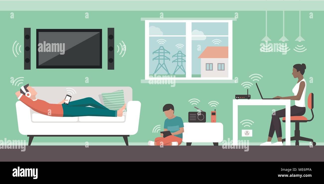 Electromagnetic fields in the home and sources: people living in their house and EMFs emitted by appliances and wireless devices Stock Vector