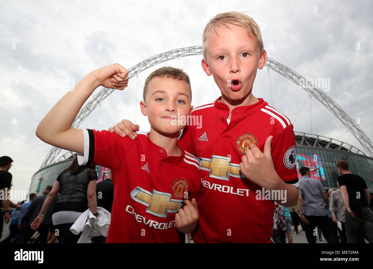 Manchester United Fans Leo And Blake Pose For A Picture Prior To The Emirates Fa Cup Semi Final Match At Wembley Stadium London Stock Photo Alamy