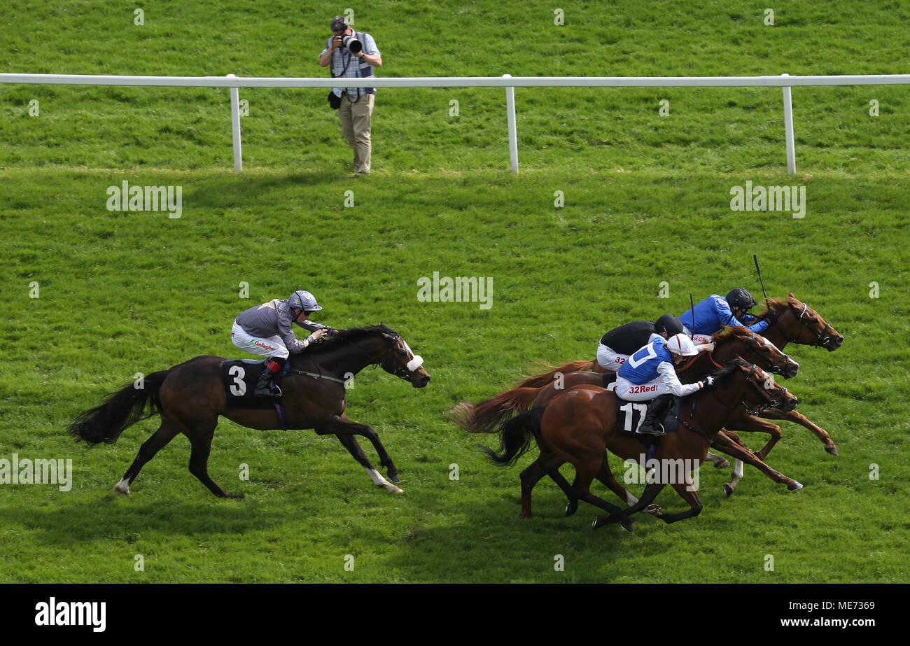 Taqdeer And Frankie Dettori Right Black Cap And Blue Silks Win The Elite Racing Club Supporting Greatwood Spring Cup Race Run During Dubai Duty Free Spring Trials Saturday At Newbury Racecourse Stock