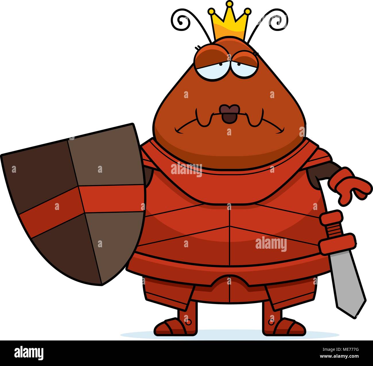 A cartoon illustration of an ant queen in armor looking sad. Stock Vector