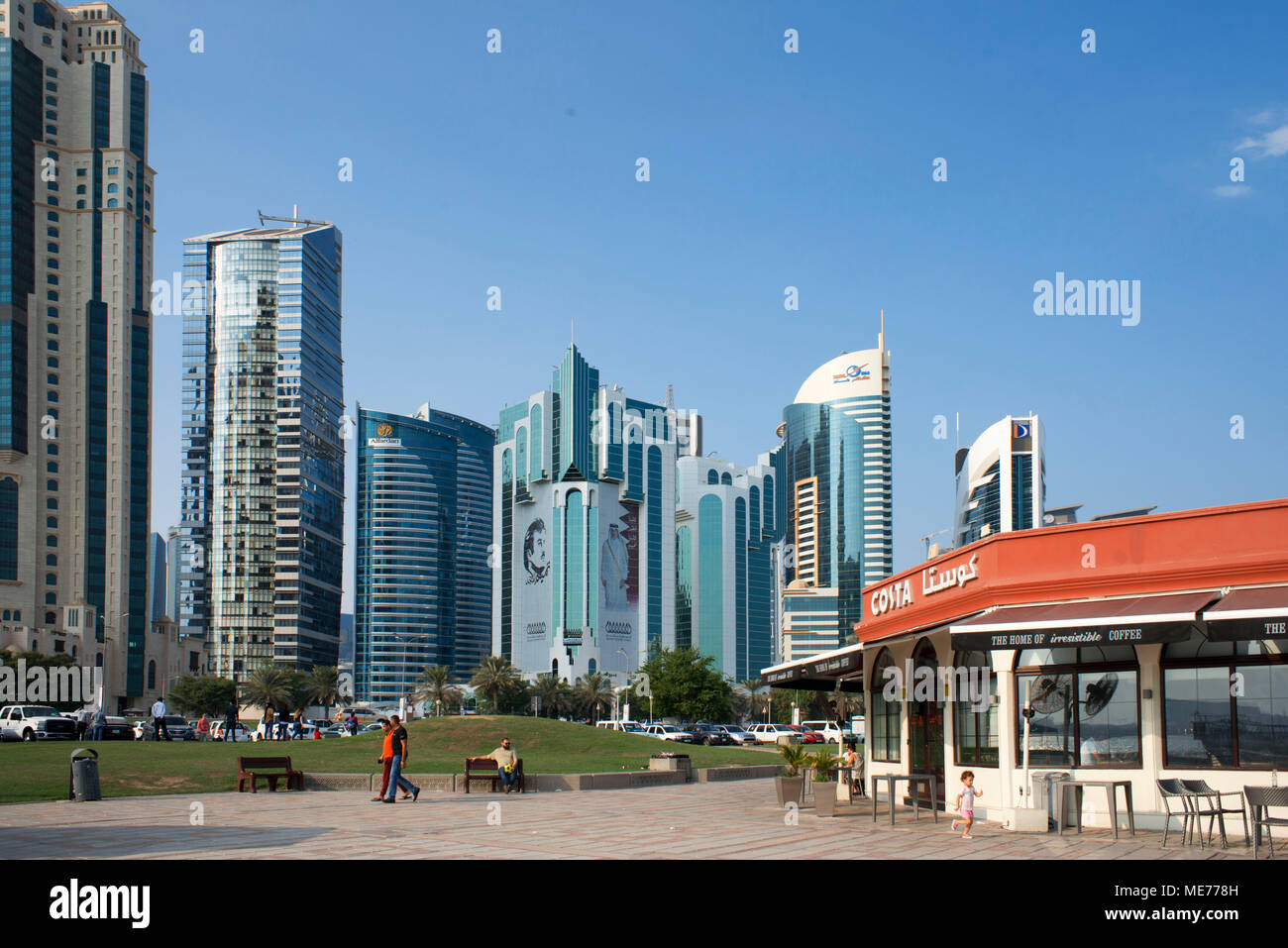 Costa coffee restaurant and modern skyline of the West Bay central
