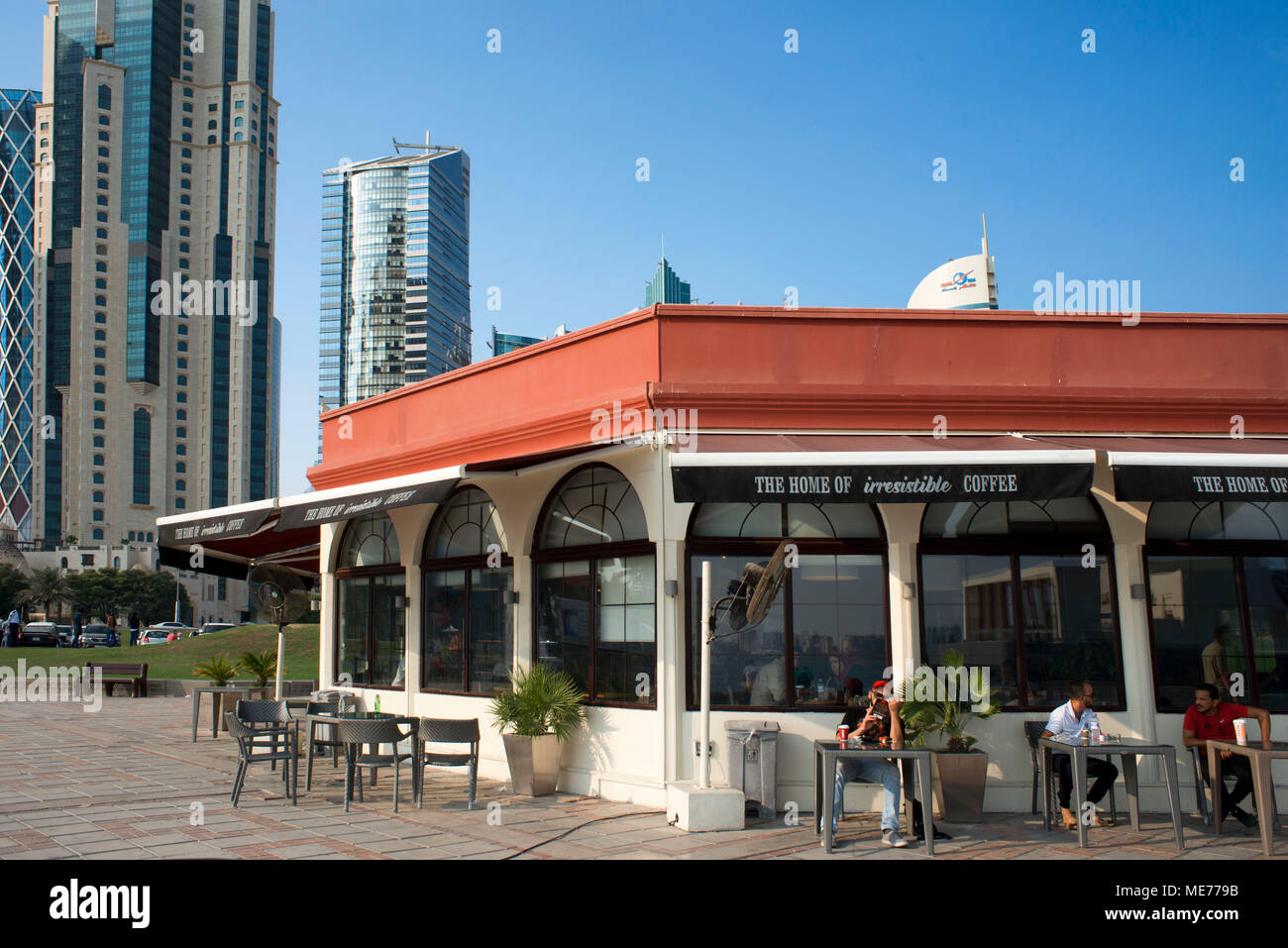 Costa coffee restaurant and modern skyline of the West Bay central