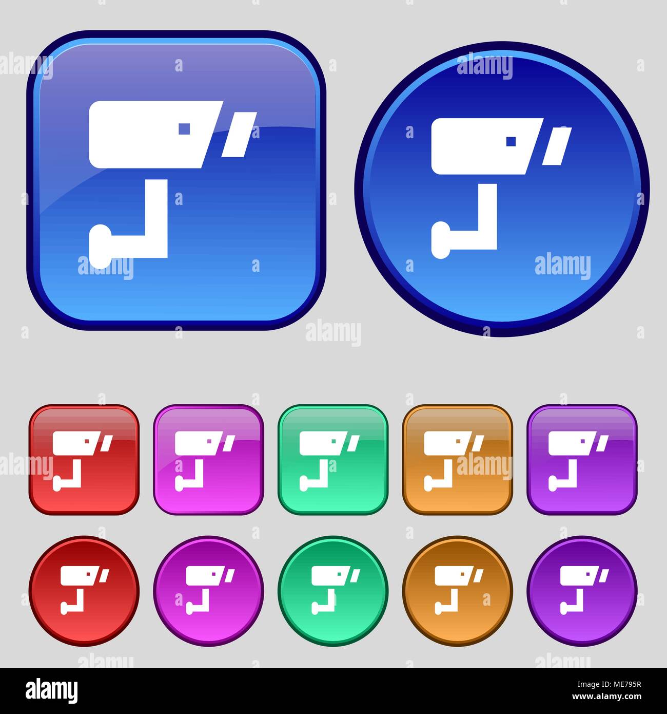 Surveillance Camera icon sign. A set of twelve vintage buttons for your