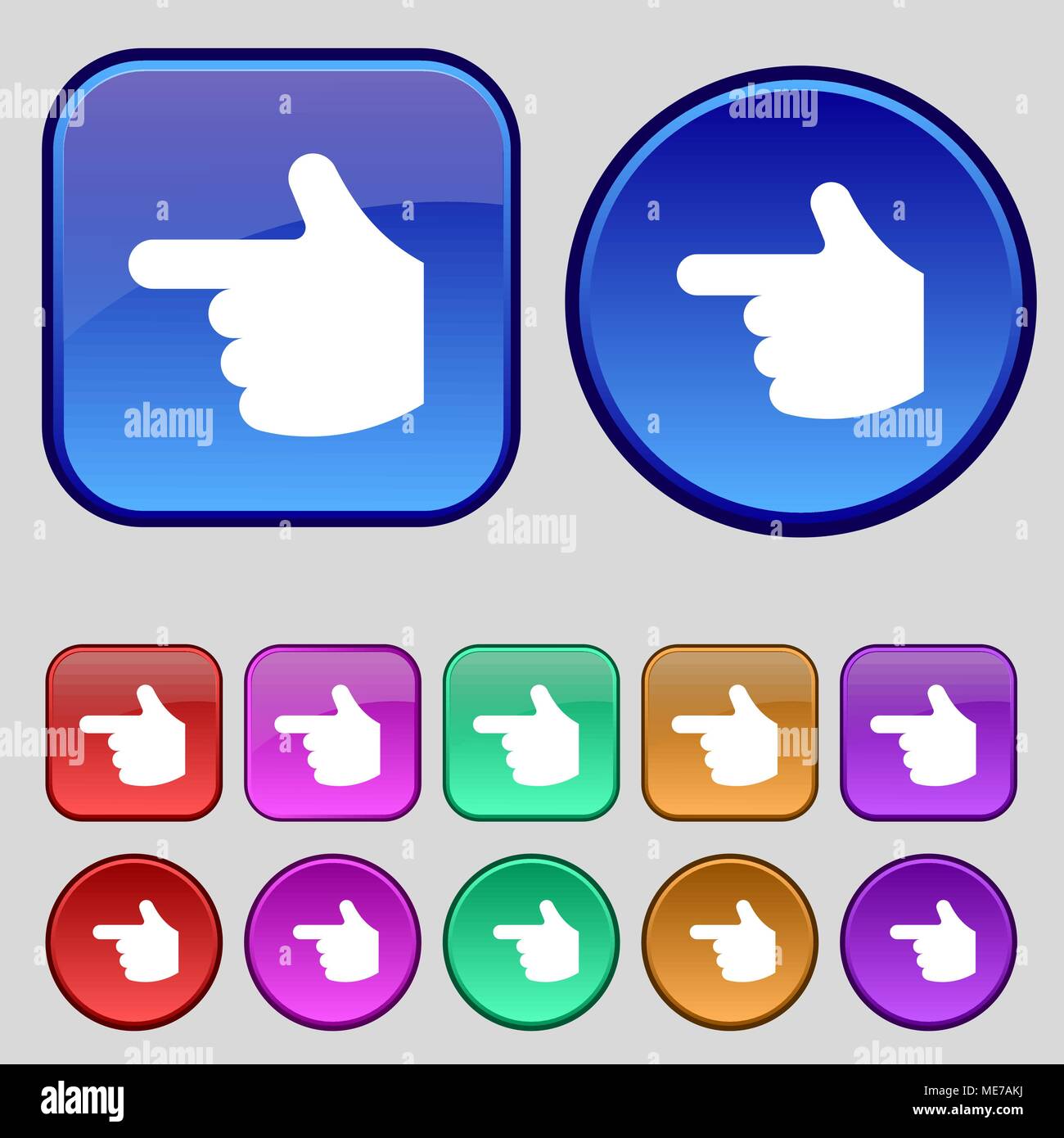pointing hand icon sign. A set of twelve vintage buttons for your ...
