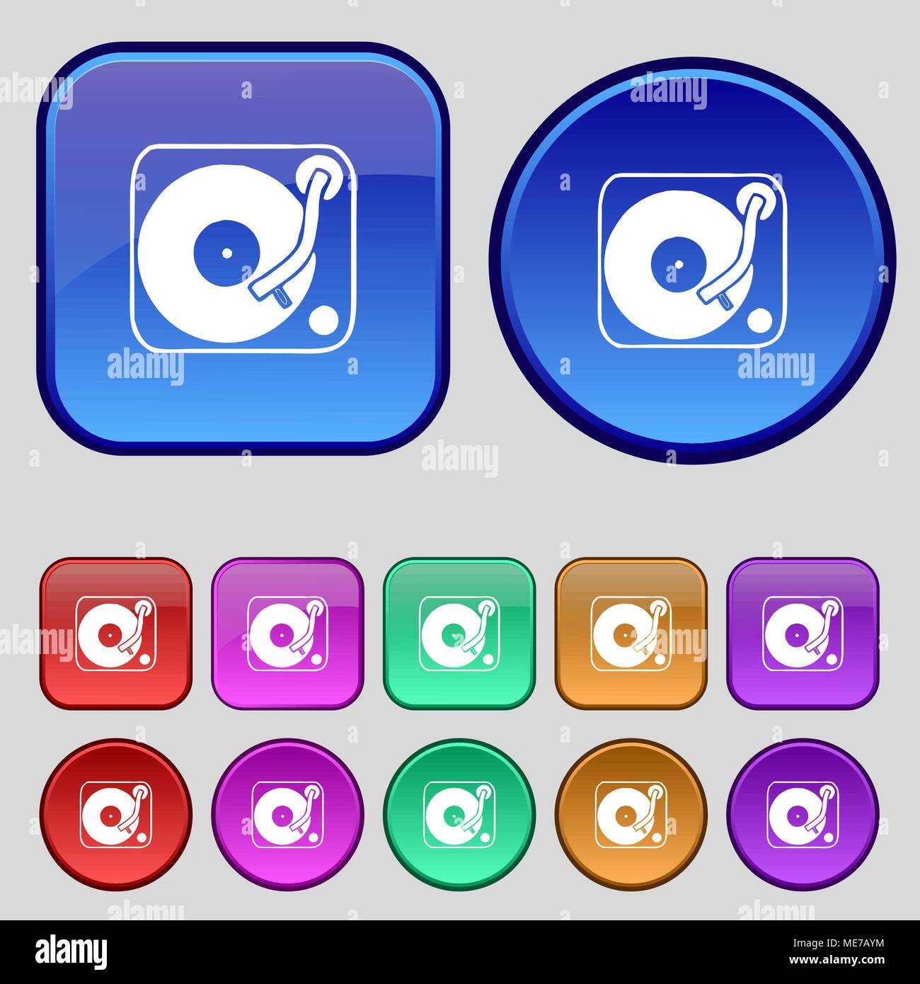 Gramophone, vinyl icon sign. A set of twelve vintage buttons for your