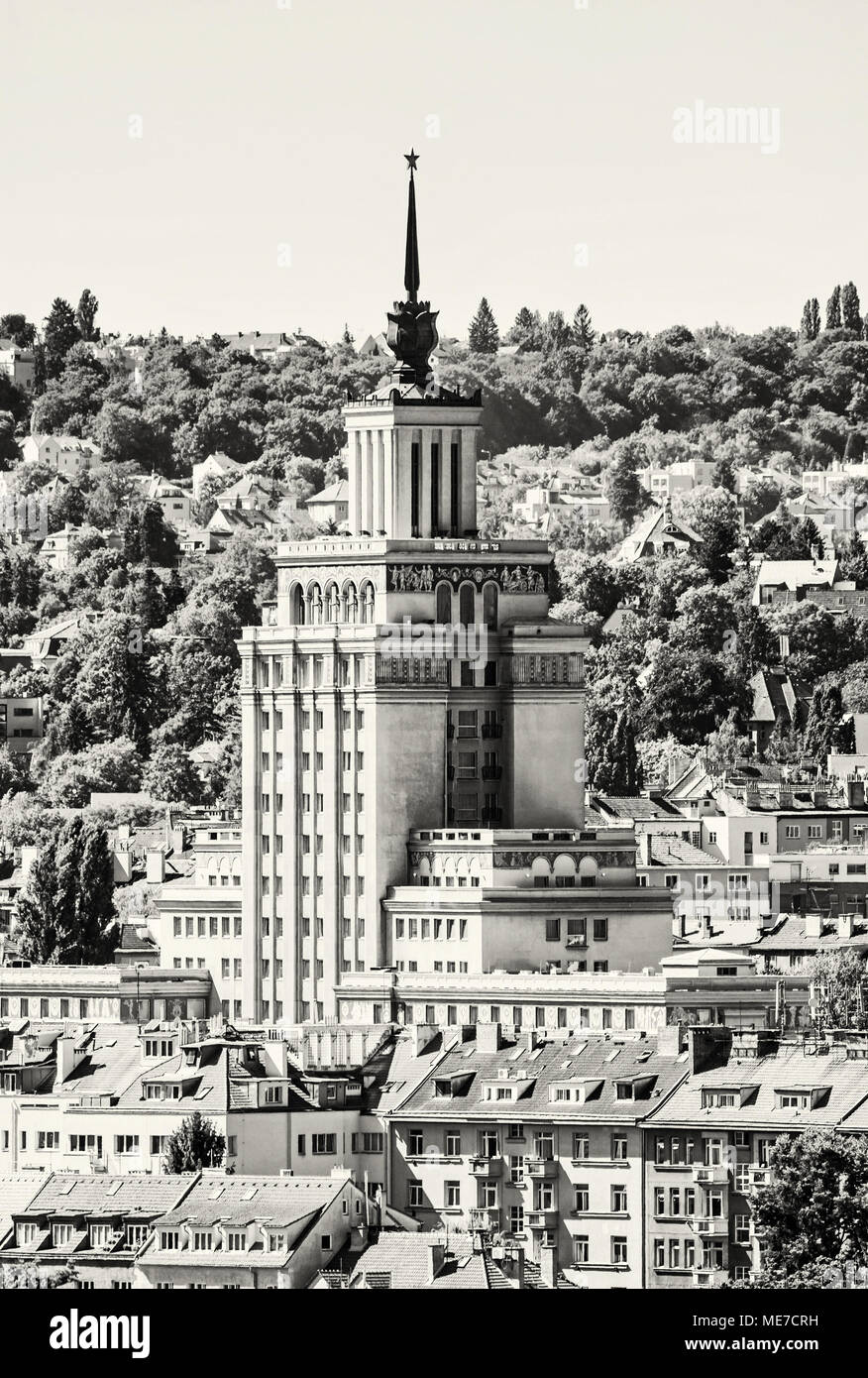 Hotel International, Prague, Czech republic. Architectural scene. Travel destination. Black and white photo. Stock Photo