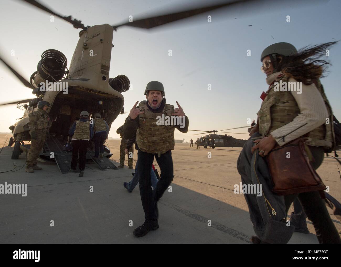 World Wrestling Entertainment Wwe Wrestlers The Miz Michael Mizanin Left And Alicia Fox Depart Bagram Airfield Aboard A U S Army Ch 47 Chinook Helicopter During The Uso Holiday Tour December 24 2017 In