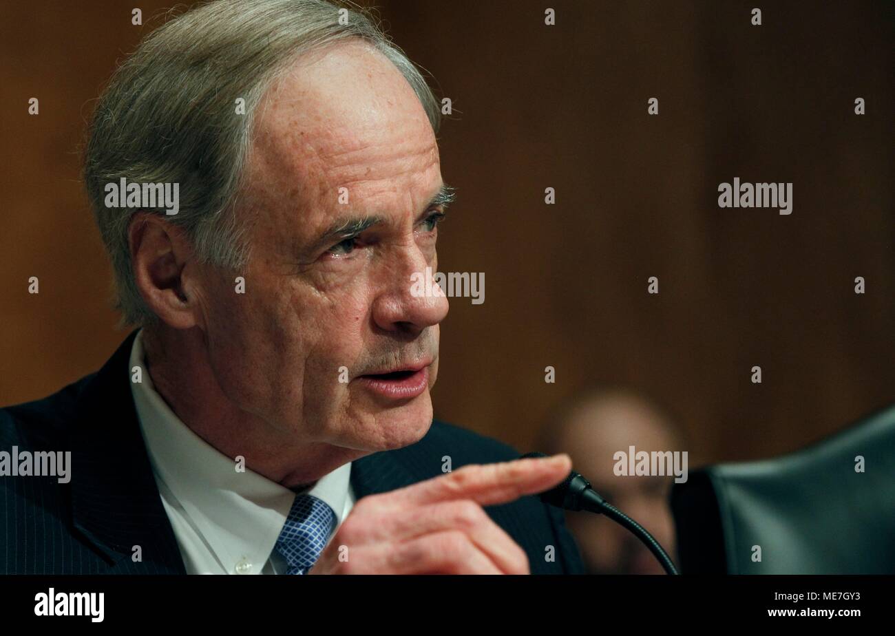 U.S. Delaware Senator Tom Carper speaks during the Senate Homeland Security and Governmental Affairs Permanent Subcommittee on Investigations hearing on combating the opioid crisis January 25, 2018 in Washington, DC.    (photo by Glenn Fawcett via Planetpix) Stock Photo