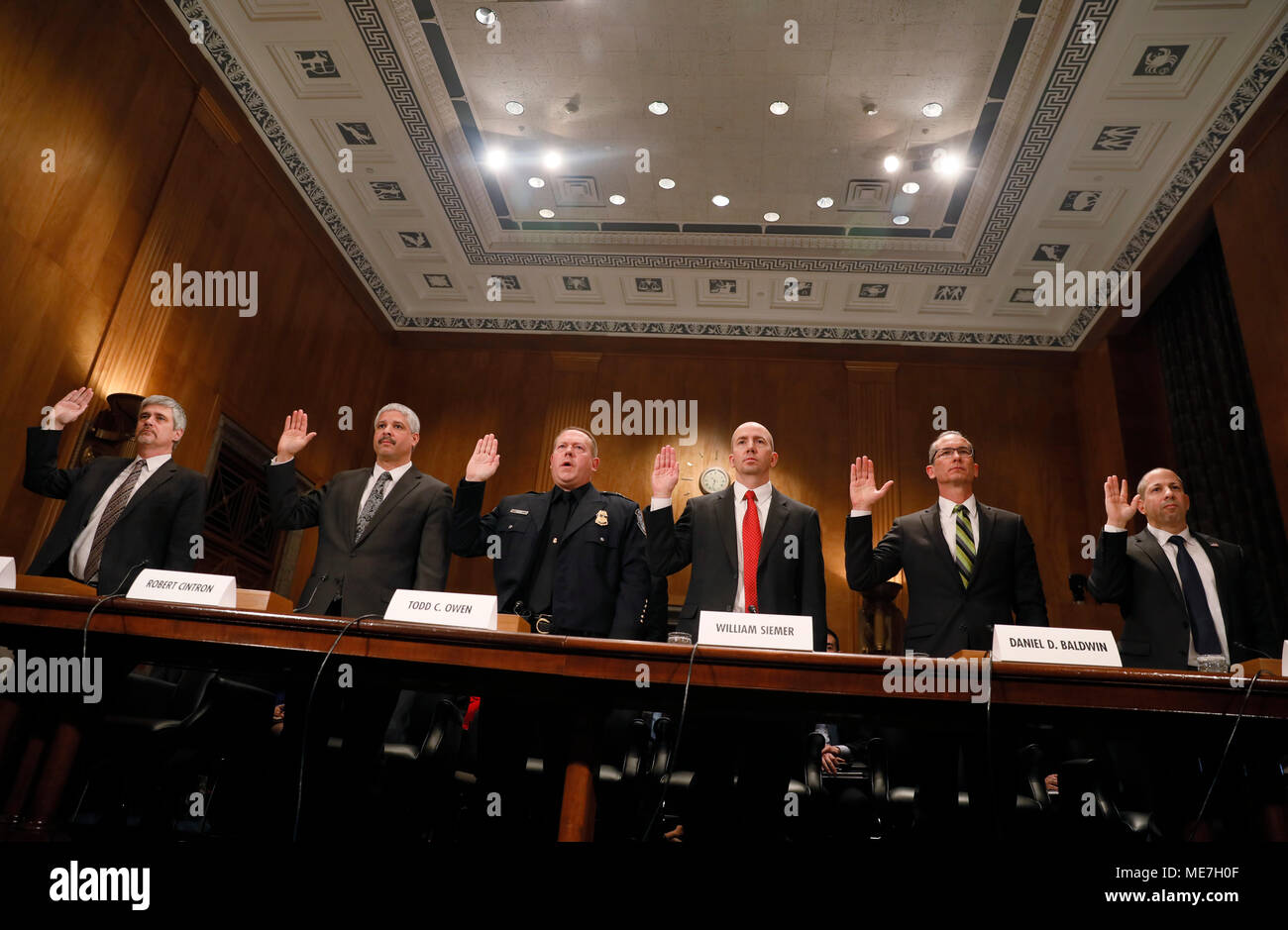 Witnesses swear in during the Senate Homeland Security and Governmental Affairs Permanent Subcommittee on Investigations hearing on combating the opioid crisis January 25, 2018 in Washington, DC.    (photo by Glenn Fawcett via Planetpix) Stock Photo