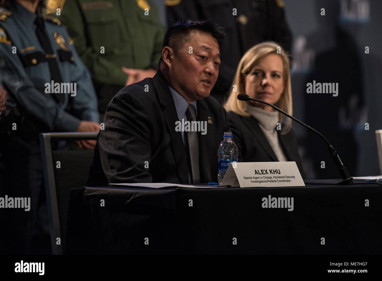 U.S. Homeland Security Special Agent in Charge Alex Khu speaks during the National Football League (NFL) Security Press Conference at the Hilton Minneapolis prior to the Super Bowl LII January 31, 2018 in Minneapolis, Minnesota.    (photo by Josh Denmark via Planetpix) Stock Photo
