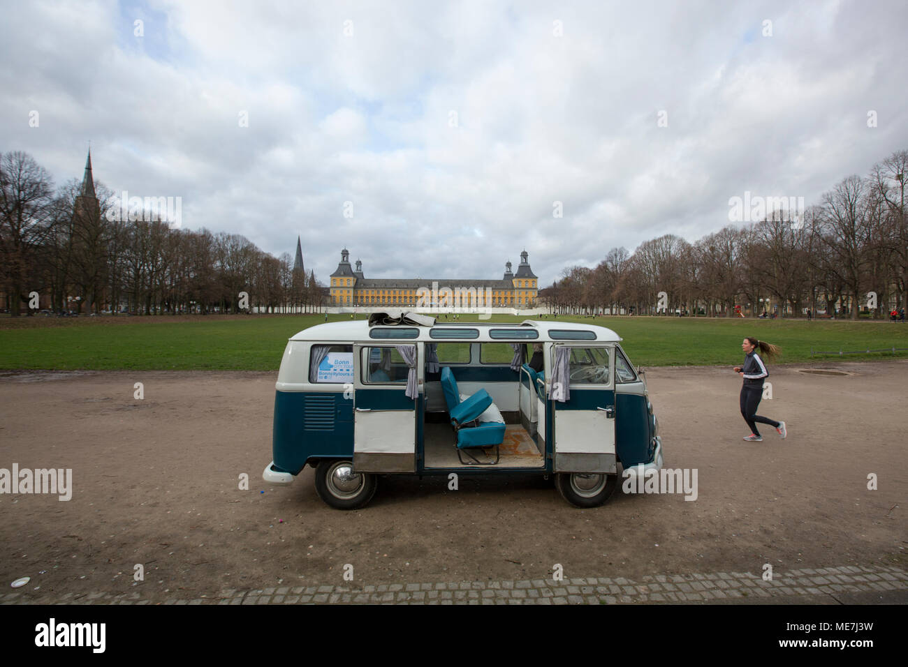 A 1966 model Volkswagen microbus in front of the Bonn University, North Rhine Westphalia, Germany. Stock Photo