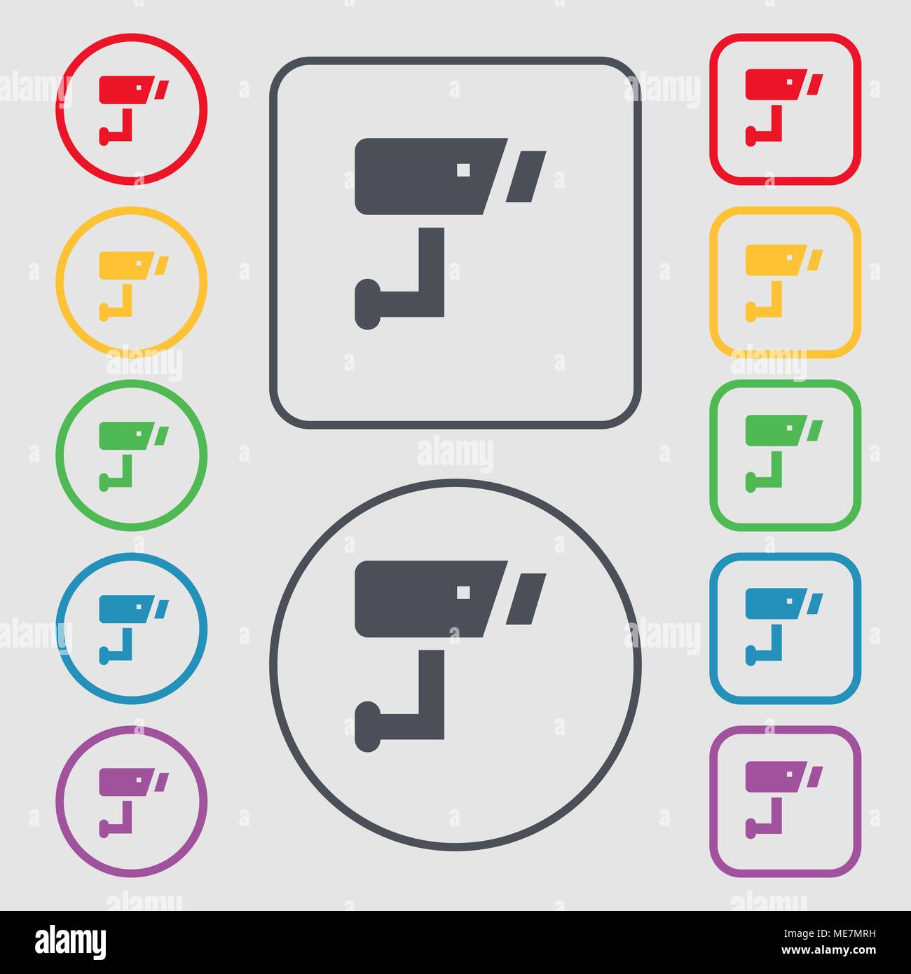 Surveillance Camera icon sign. symbol on the Round and square buttons