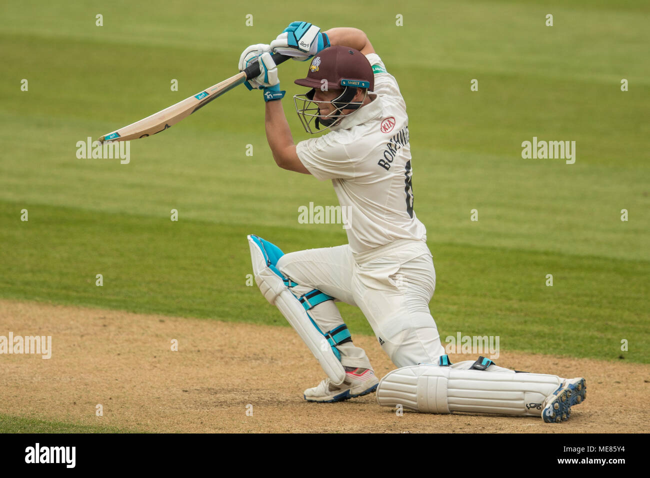 London,UK. 21 April 2018. Scott Borthwick batting for Surrey against Hampshire on day two of the Specsavers County Championship game at the Oval. David Rowe/Alamy Live News Stock Photo