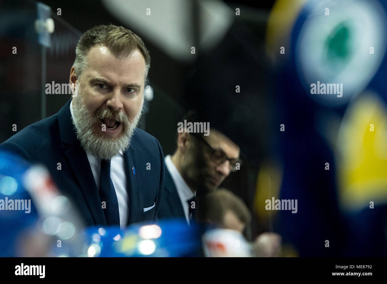 Pardubice, Czech Republic. 21st Apr, 2018. Head coach of Sweden Rikard  Gronborg reacts during the Carlson