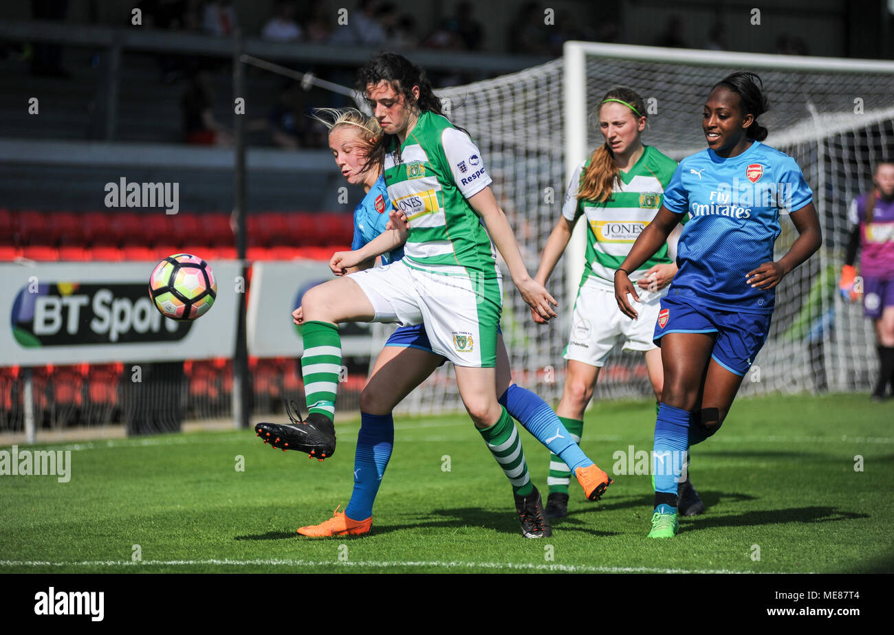 Weston-super-Mare, UK. 21st April, 2018.   16 year old Thierry-Jo Gauvain of Yeovil shields the ball from Beth Mead of Arsenal during the WSL match between Yeovil Town Ladies FC and Arsenal Women at The Woodspring Stadium. © David Partridge / Alamy Live News Stock Photo