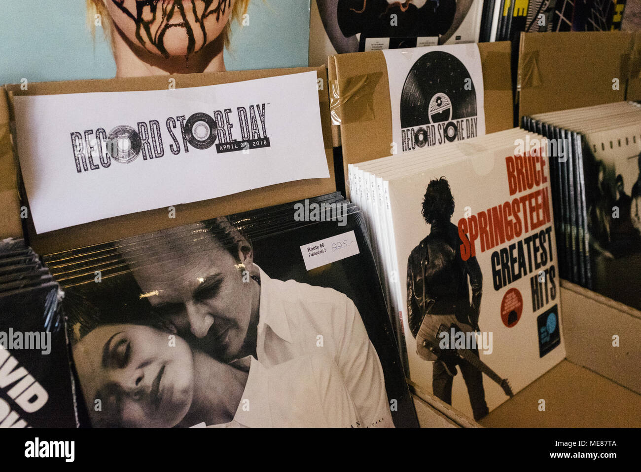 Copenhagen, Denmark. 21st April, 2018. Vinyl record fans are digging the  crates in the Danish vinyl store Route 66, which is one of many independent  records stores that take part in worldwide