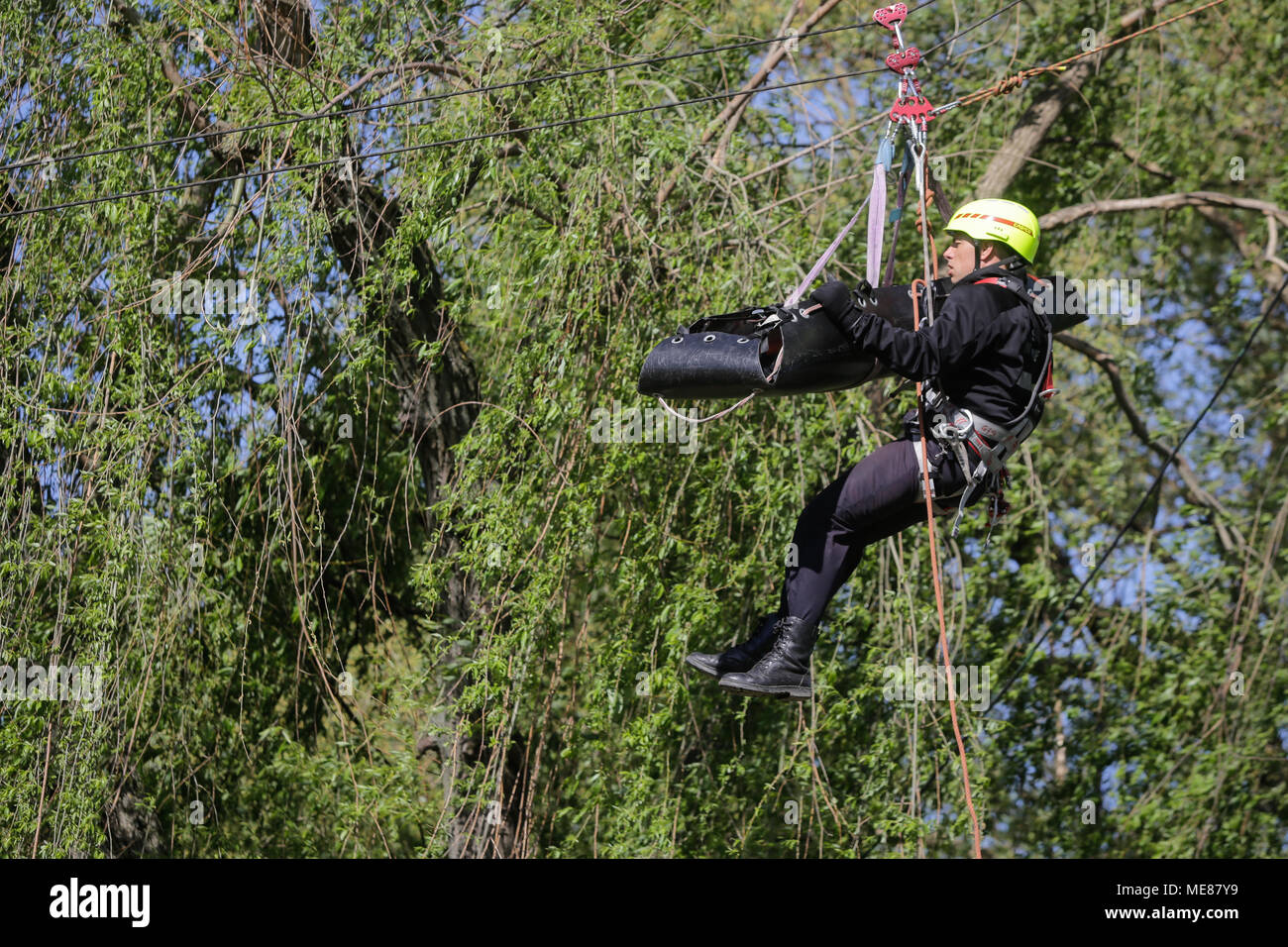 Bucharest, Romania. 21st April, 2018. Firefighters are rappelling and climbing ropes at a drill exercise, on April 21, 2017, in Bucharest Credit: MoiraM/Alamy Live News Stock Photo