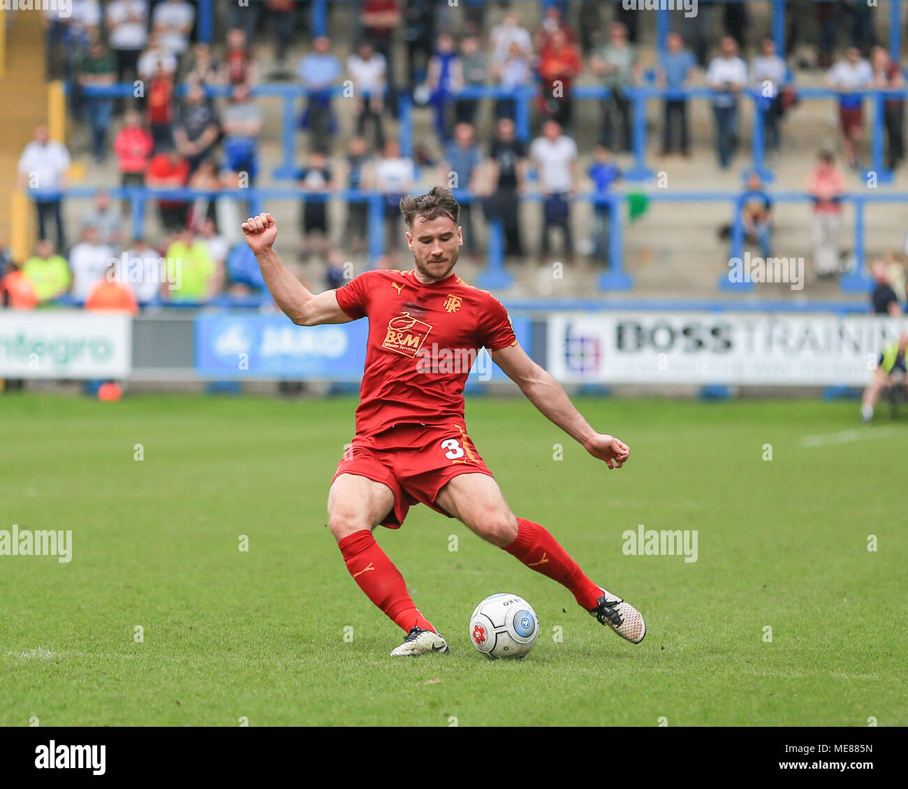 Halifax, UK. 21st April, 2018.  National League, Halifax Town v Tranmere Rovers; Liam Ridehalgh of Tranmere Rovers crosses the ball into the box Credit: News Images /Alamy Live News Stock Photo