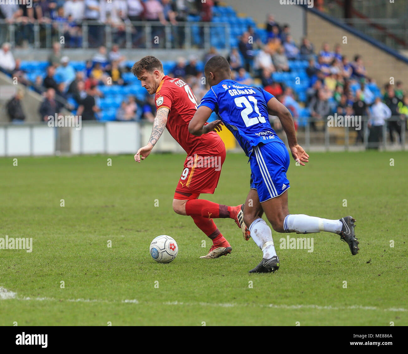 Halifax, UK. 21st April, 2018. National League, Halifax Town v Tranmere Rovers; Andy Cook of Tranmere Rovers brings the ball into the box Credit: News Images /Alamy Live News Stock Photo