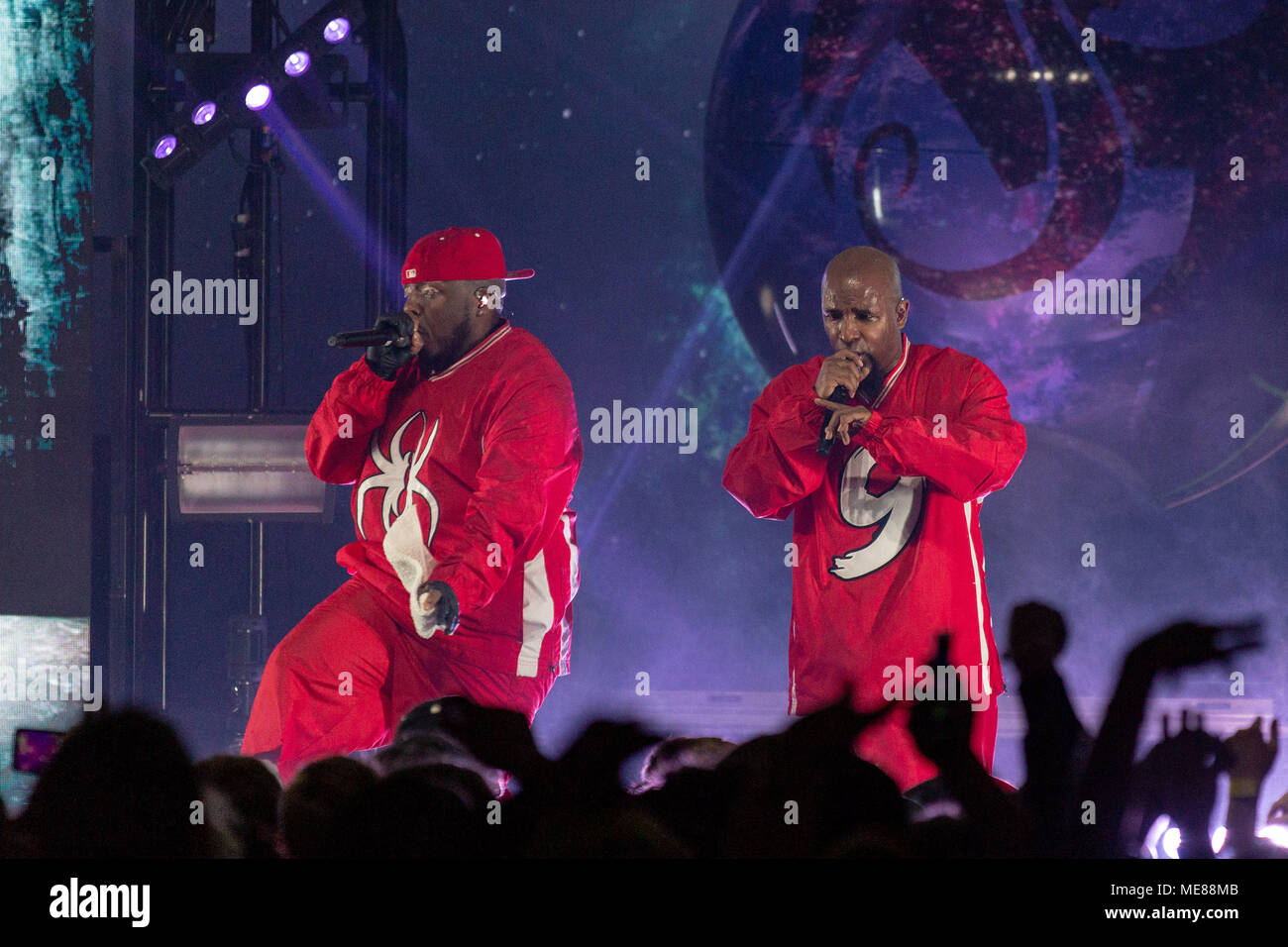 Madison, Wisconsin, USA. 20th Apr, 2018. Rappers KRIZZ KALIKO (SAMUEL  WILLIAM CHRISTOPHER WATSON IV) and TECH N9NE (AARON DONTEZ YATES) perform  in concert at the Orpheum Theater in Madison, Wisconsin Credit: Daniel