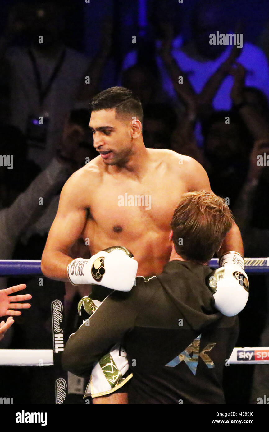 Liverpool, UK, 21 April 2018. Amir Khan fights Phil Lo Greco at the Echo Arena in Liverpool.  Saturday April-21-2018.  Amir Khan is victorious at the much anticipated comeback fight against Canadian boxer Phil Lo Greco the Echo Arena, Liverpool  The 31-year-old British boxer had his homecoming fight against Lo Greco in Liverpool this Saturday night, and victory could line up a big domestic battle with Kell Brook.   Credit: Cernan Elias/Alamy Live News Stock Photo