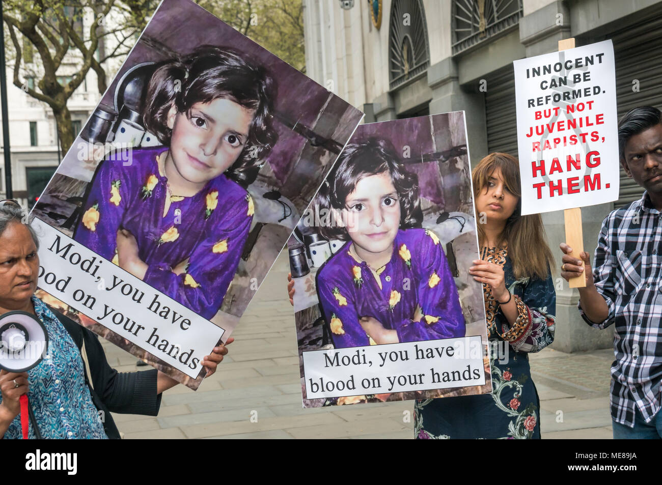London, UK, 21 April 2018. London, UK. 21st April 2018. Protesters at India House call for the Indian government to take effective action against the rape culture that they say has been encouraged by members of the ruling BJP party, leading to an increasing number of crimes against women. Credit: Peter Marshall/Alamy Live News Stock Photo