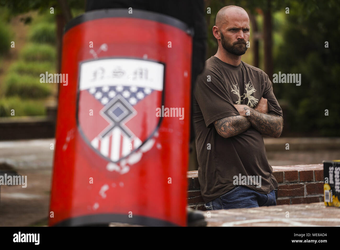 Newnan, Georgia, USA. 21st Apr, 2018. White Supremacist Members of National Socialist Movement gathered in Greenville Street Park for a rally in town of Newnan, GA on Saturday April 21, 2018.4/21/2018.Newnan, Georgia.Go Nakamura/Zuma Wire Credit: Go Nakamura/ZUMA Wire/Alamy Live News Stock Photo