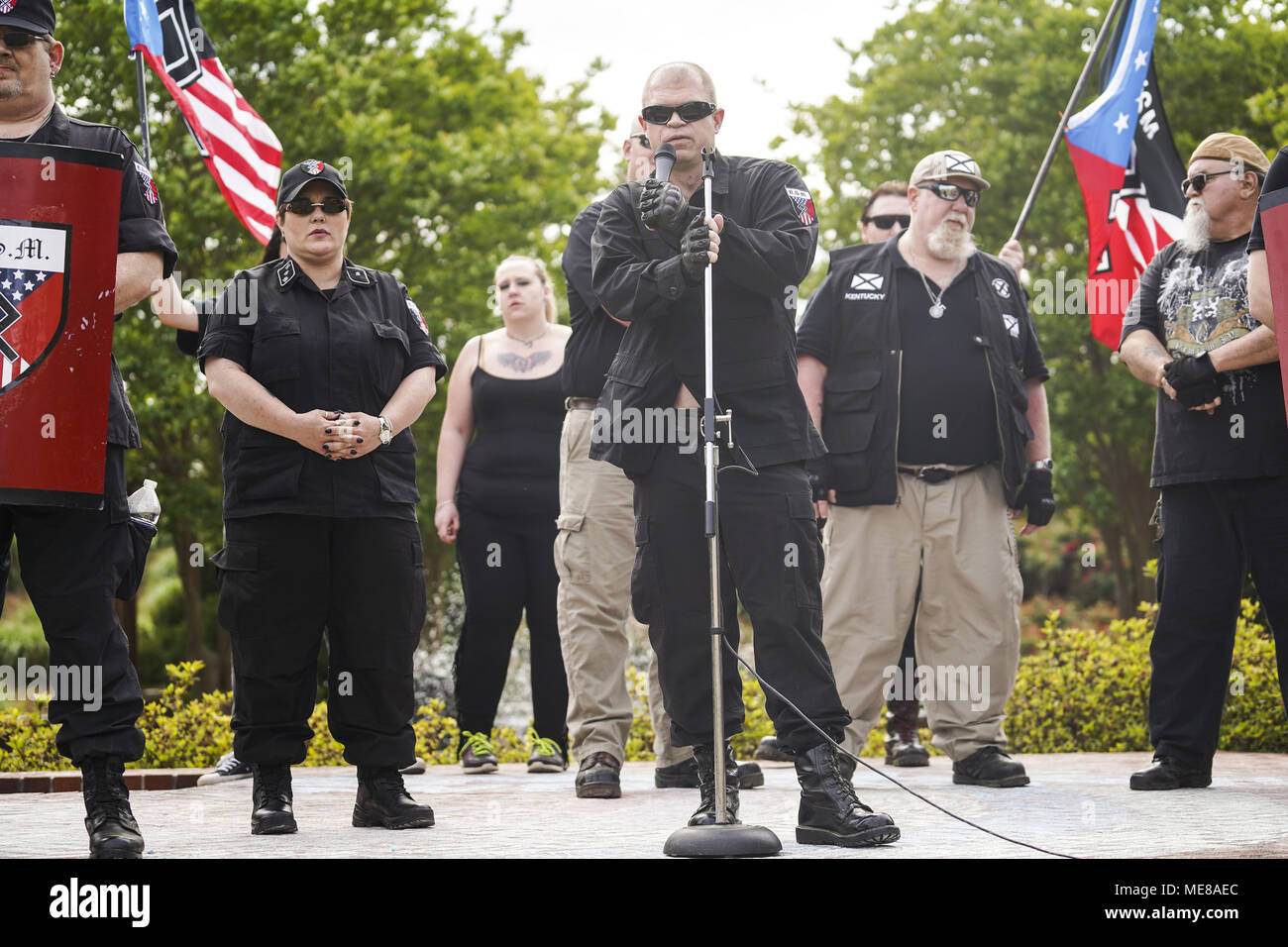 Newnan, Georgia, USA. 21st Apr, 2018. White Supremacist Members of National Socialist Movement gathered in Greenville Street Park for a rally in town of Newnan, GA on Saturday April 21, 2018.4/21/2018.Newnan, Georgia.Go Nakamura/Zuma Wire Credit: Go Nakamura/ZUMA Wire/Alamy Live News Stock Photo
