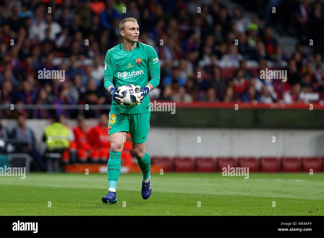Madrid 21st April Jasper Cillessen Goalkeeper Of Fc Barcelona Looks For A Team Mate During The 2017 2018 Copa Sm El Rey Match Final Between Fc Barcelona And Sevilla Fc At Wanda Metropolitano