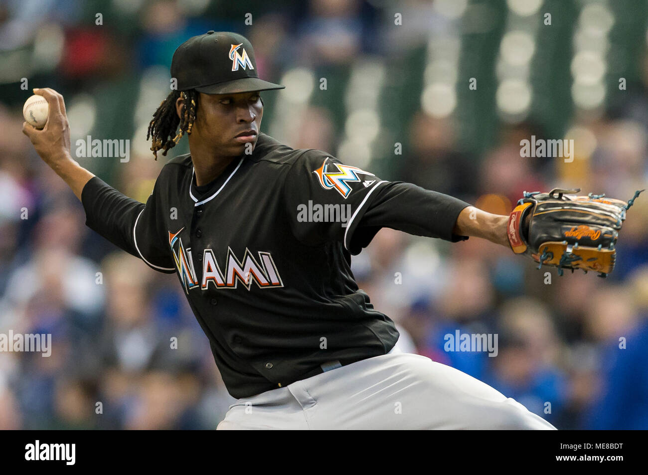 Milwaukee, WI, USA. 21st Apr, 2018. Miami Marlins starting pitcher Jose Urena #62 delivers a pitch in the first inning of the Major League Baseball game between the Milwaukee Brewers and the Miami Marlins at Miller Park in Milwaukee, WI. John Fisher/CSM/Alamy Live News Stock Photo
