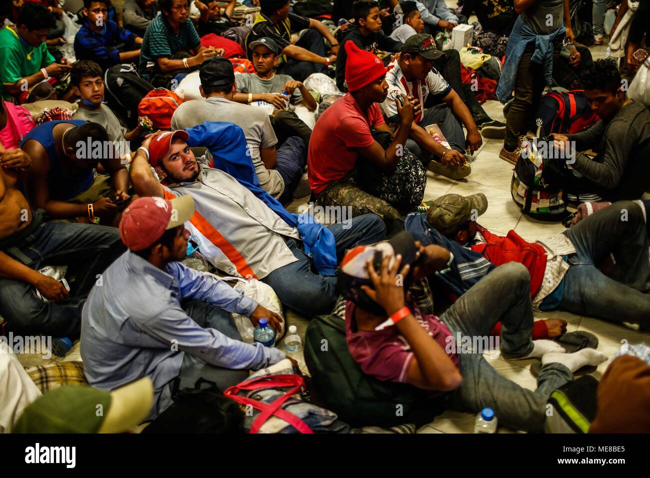 Sonora, Mexico, 21 April 2018. Caravan of the Migrants of 600 Central American people traveling by train, from the southern border of Mexico. Today they have arrived in Hermosillo, Sonora, where they will stay one to two days in search of   regularize your situation in Mexico and obtain a humanitarian visa to work legally in Sonora and Baja California. Another part of the contingent seeks asylum in the United States Stock Photo