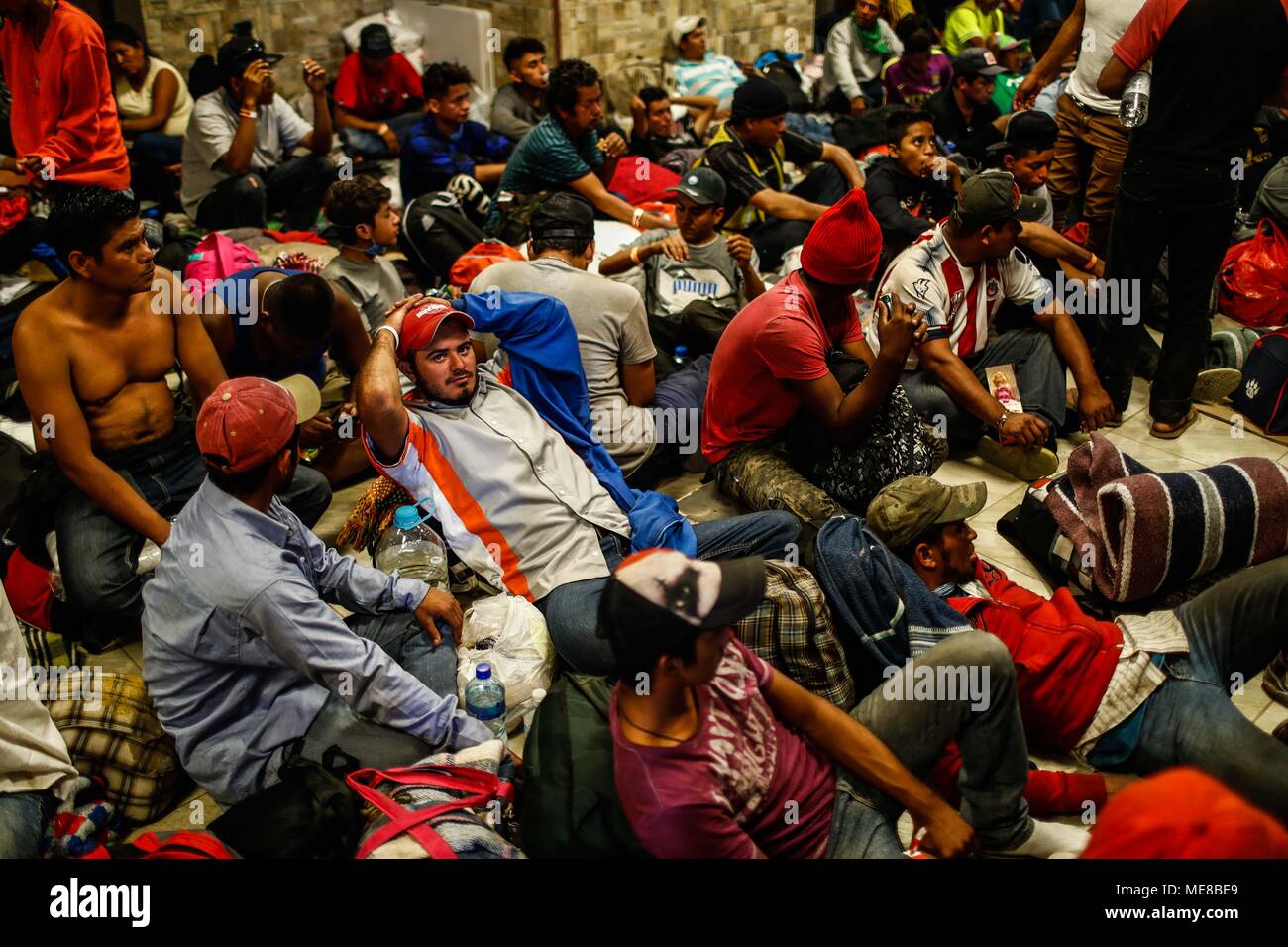 Sonora, Mexico, 21 April 2018. The Caravan of Migrants receive medical attention, food, personal hygiene and a place to rest in the community dining room of Colonia San Luis de Hermosillo, Sonora Mexico. Around 600 people, mostly of Central American origin, come from the southern border of the country and bound for the city of Tijuana. The caravan aims to request Asylum to the United States through a humanitarian visa, La Caravana provoked the wrath of President Donald Trump for this trip to the border with the United States. Stock Photo