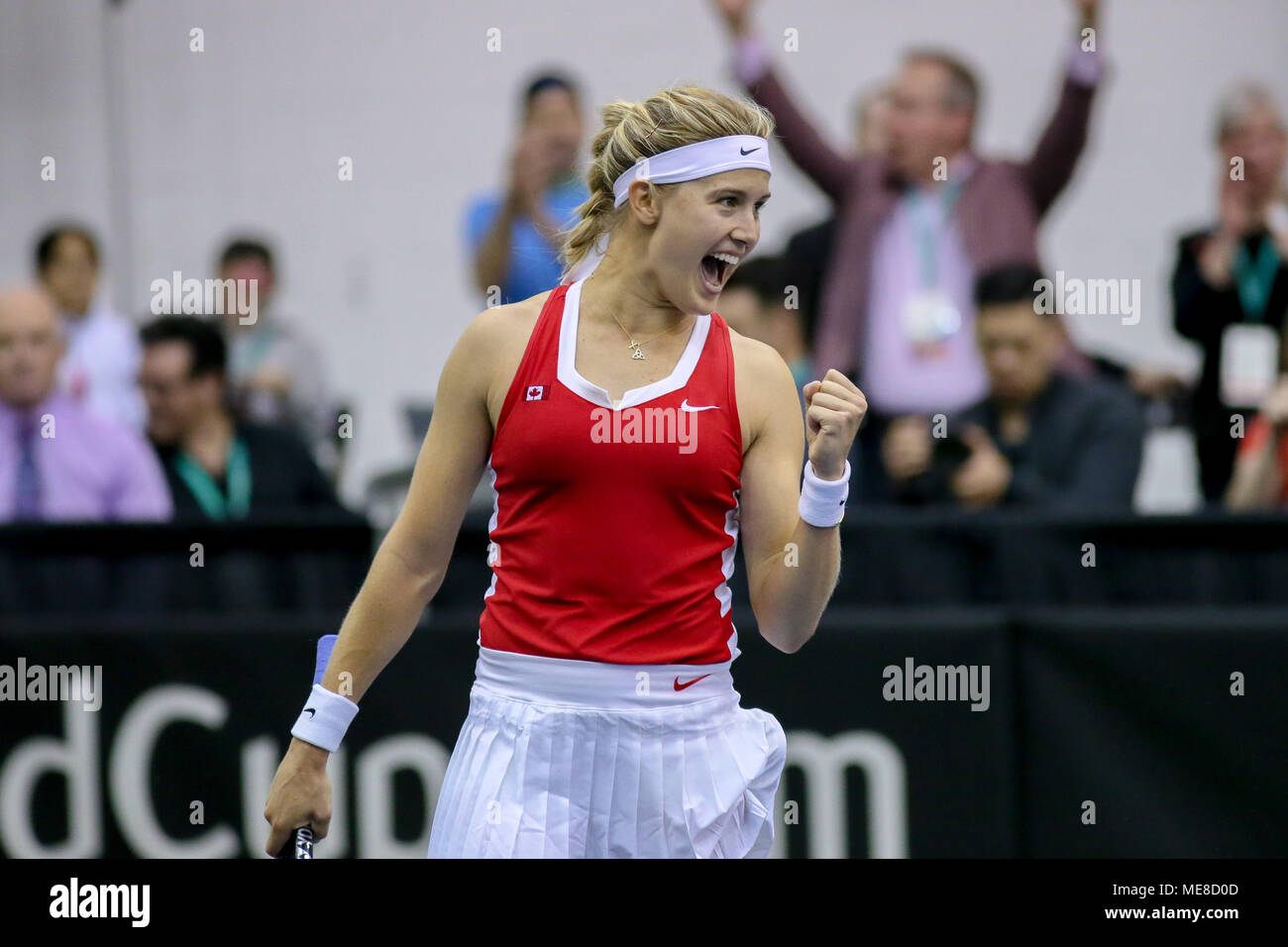 Montreal, Canada, 21 April 2018. Eugenie Bouchard of Canada reacts after  beating Kateryna Bondarenko of the Ukraine in their Fed Cup World Group II  play-off tennis match in Montreal, Quebec, Canada on