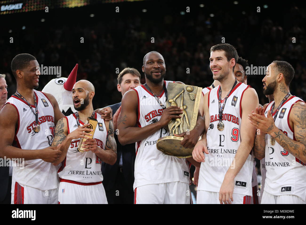 SIG Strasbourg Team seen celebrating their victory after the final of the ' French Cup' match ended