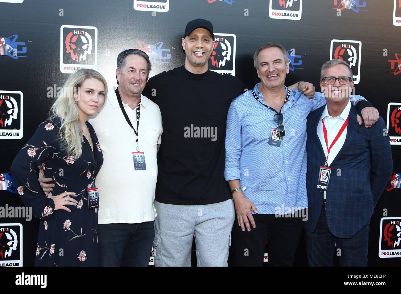 Las Vegas, NV, USA. 21st Apr, 2018. Miranda Charsky, Chris Nordling, Jace Hall, Stratton Sclavos and Mike Mosholder at arrivals for H1Z1 Pro League's Inaugural Season Kick Off, Twin Galaxies Esports Center at Caesars, Las Vegas, NV April 21, 2018. Credit: JA/Everett Collection/Alamy Live News Stock Photo