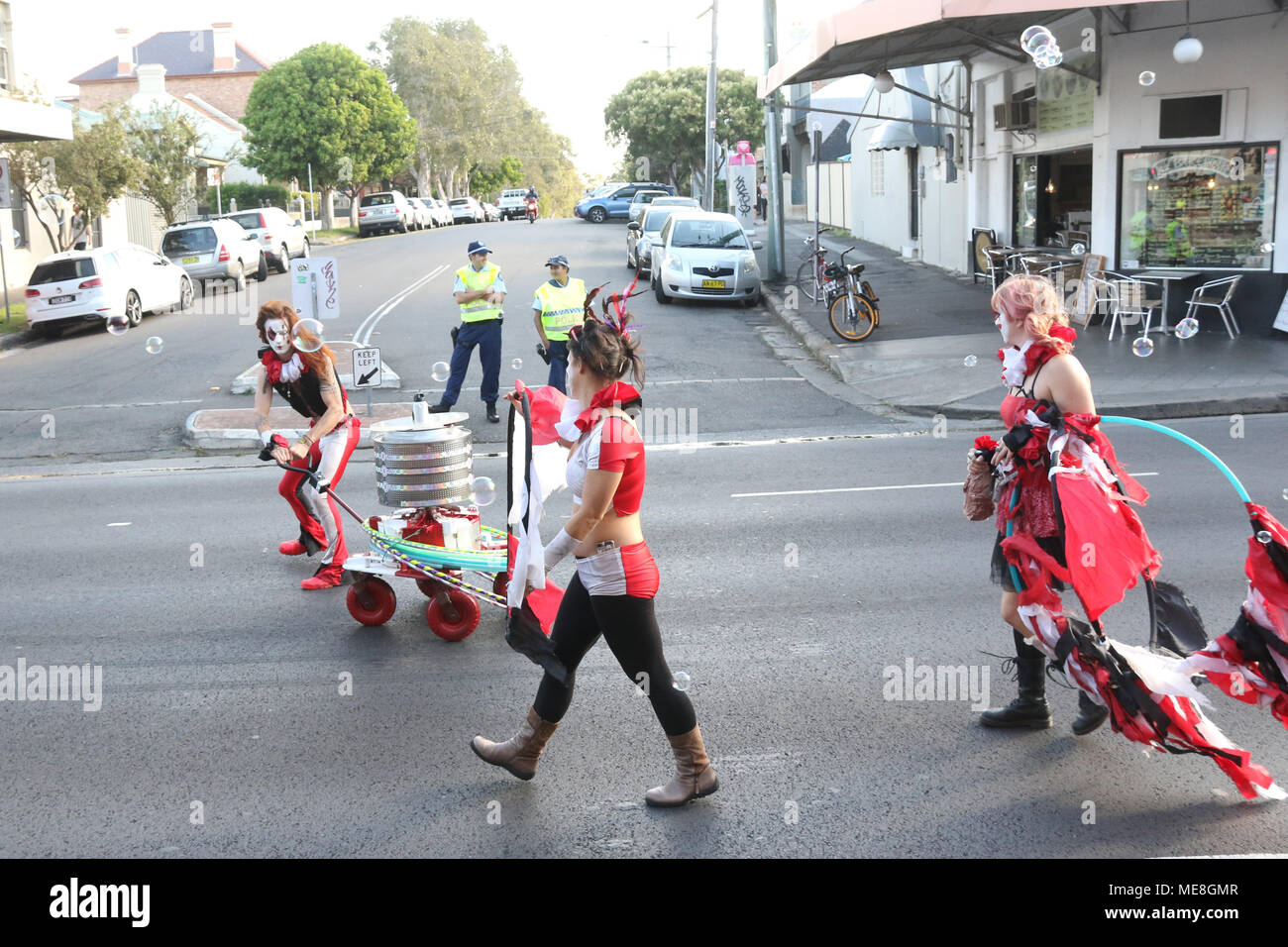 Sydney, Australia. 22 April 2018. Reclaim the Streets organised the street dance party, which started at The Hub, Newtown and made its way along King Street via the George Michael mural in Erskineville and ended up in Sydney Park, St Peters. This is the third annual event, the first one being on 23 April 2016 following an assault on a man in Newtown who was wearing a dress. Credit: Richard Milnes/Alamy Live News Stock Photo