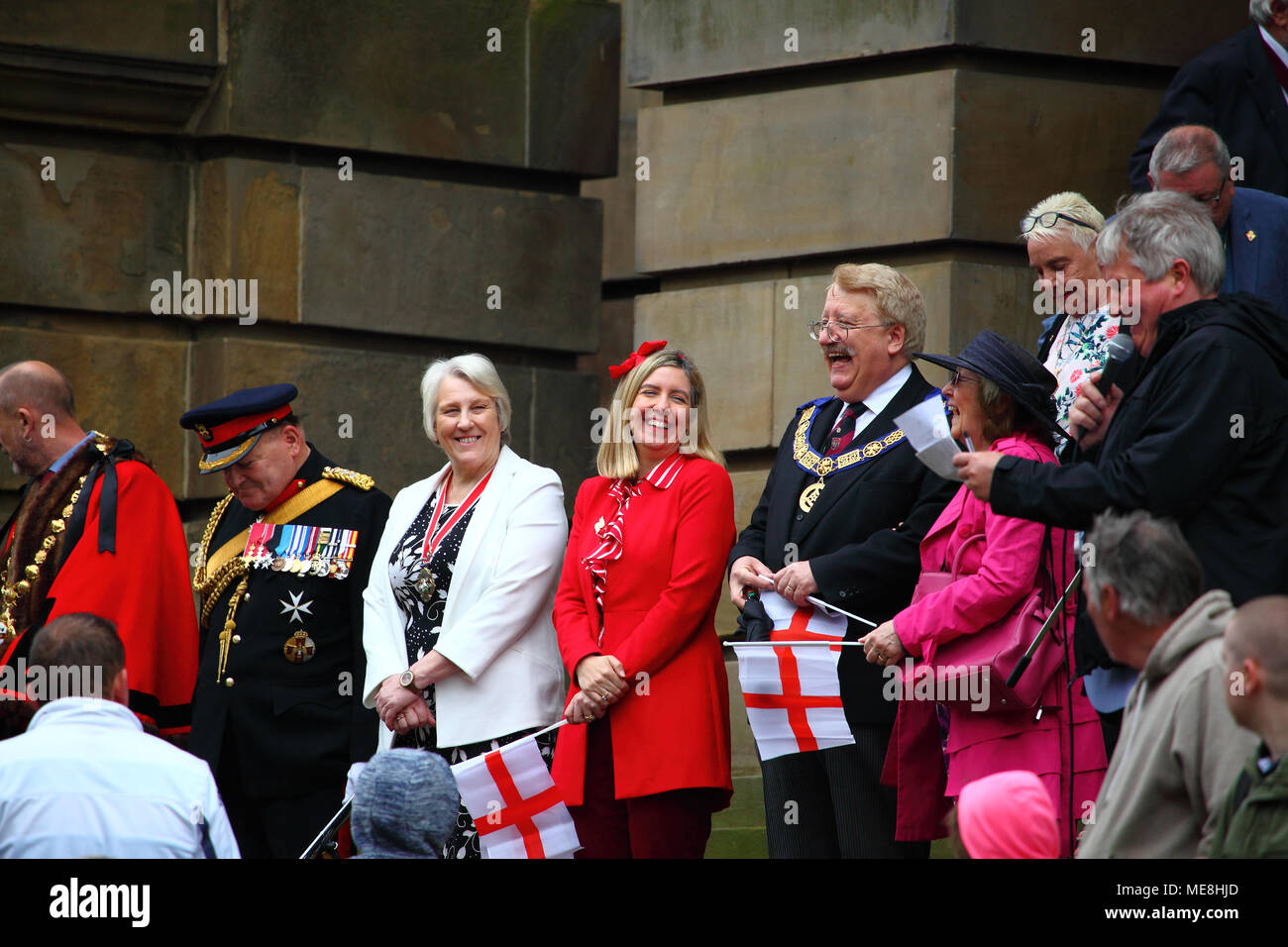 Morley, Leeds, UK - 22nd April 2018. The annual St George's day parade gets underway with Conservative member of parliament for the Morley and Outwood constituency Andrea Jenkyns standing on the steps of Morley town hall. Stock Photo