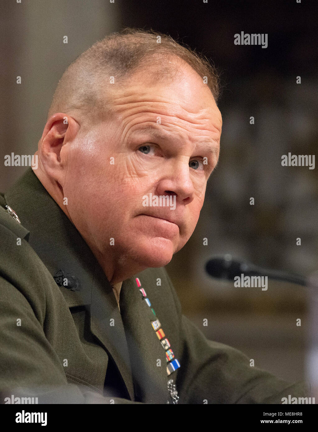 United States Marine Corps General Robert B. Neller, Commandant of the US Marine Corps, testifies before the US Senate Committee on Armed Services 'on the posture of the Department of the Navy in review of the Defense Authorization Request for Fiscal Year 2019 and the Future Years Defense Program' on Thursday, April 19, 2018. Credit: Ron Sachs/CNP - NO WIRE SERVICE - Photo: Ron Sachs/Consolidated News Photos/Ron Sachs - CNP Stock Photo