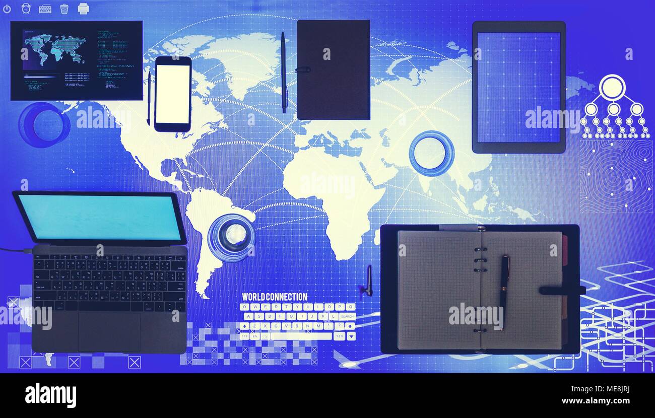 Digital device on a cyber space table Stock Photo