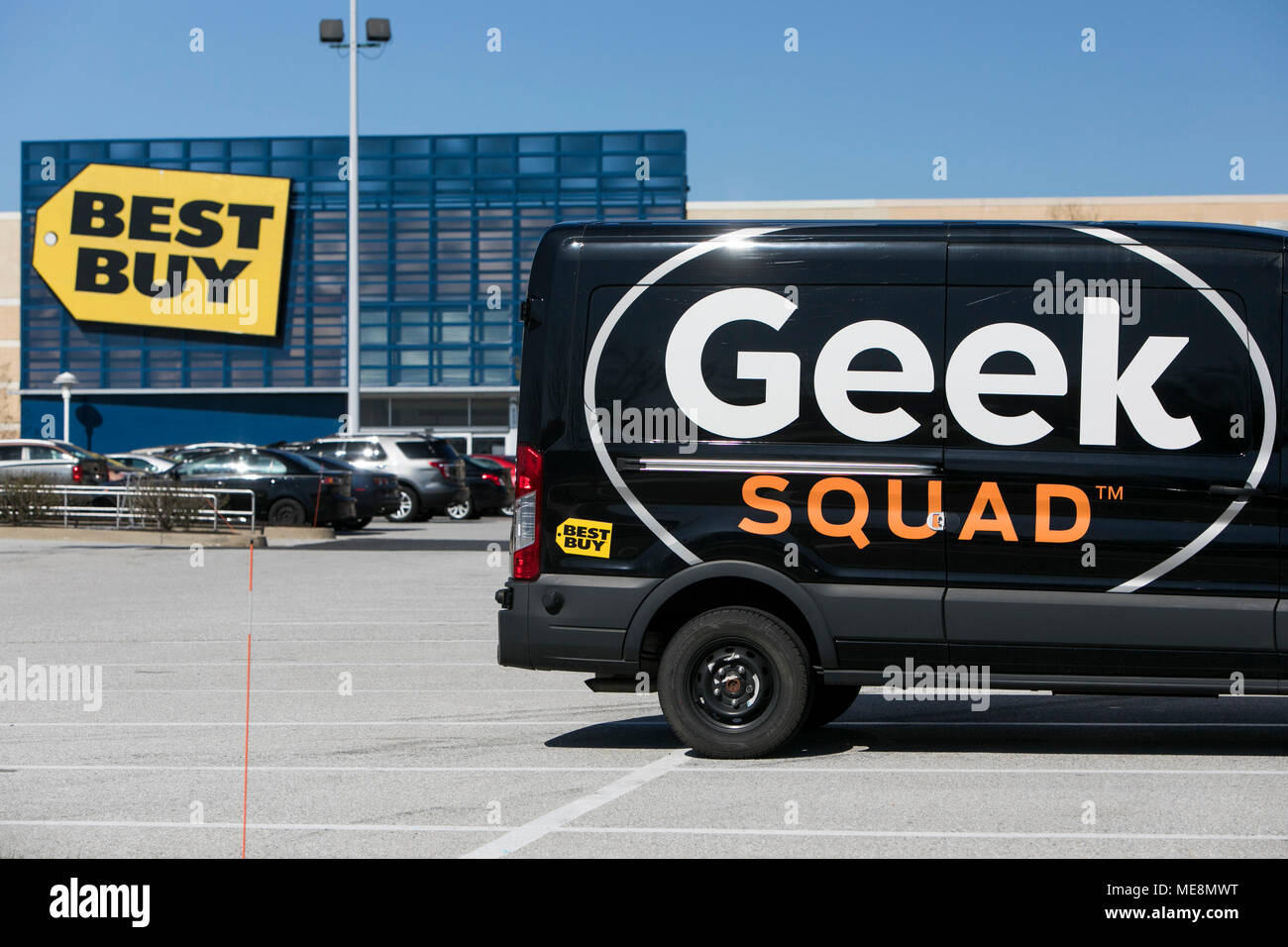 A Geek Squad logo is seen on a vehicle outside of a Best Buy retail store location in Elkridge, Maryland on April 20, 2018. Stock Photo