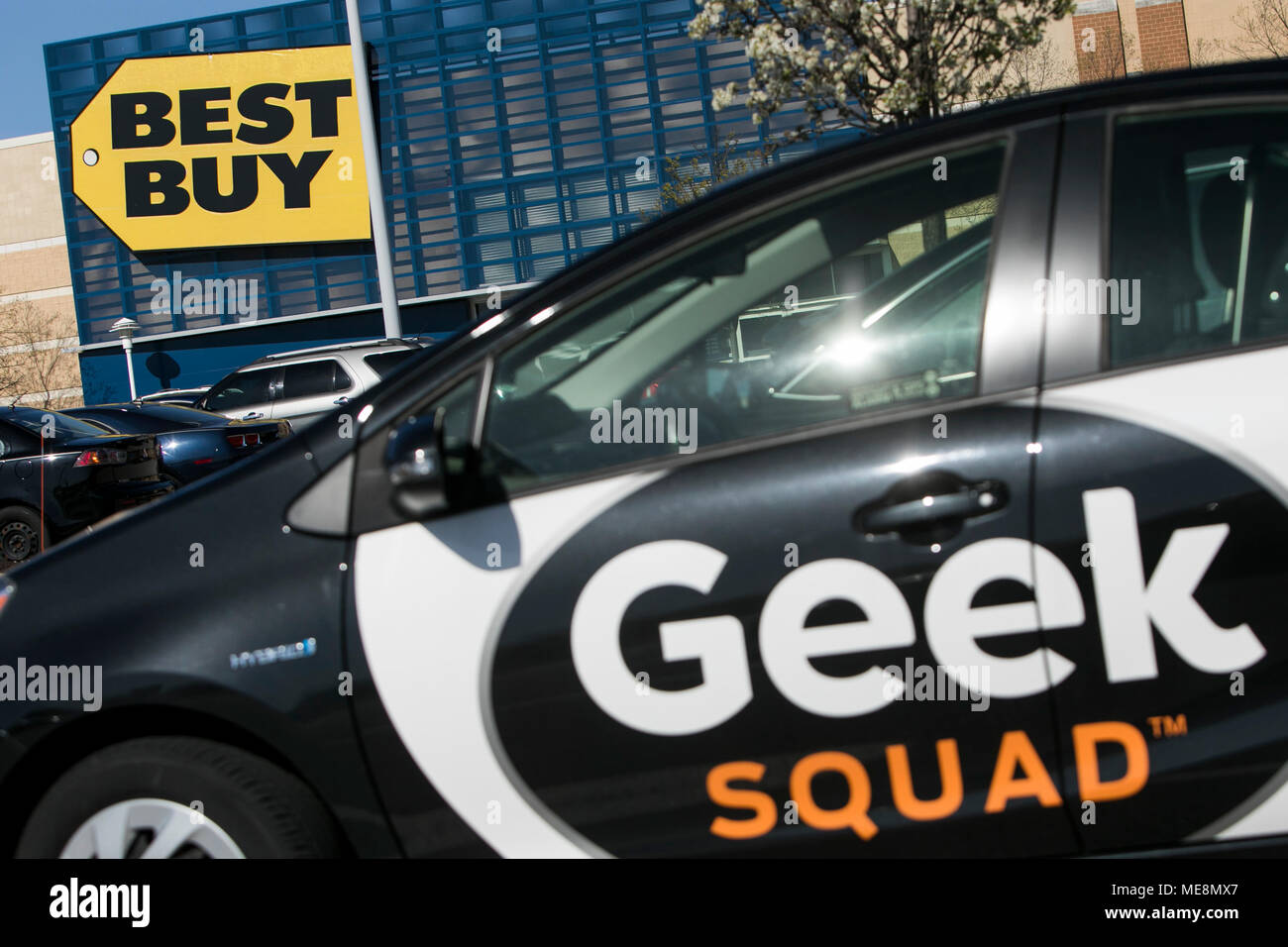 A Geek Squad logo is seen on a vehicle outside of a Best Buy retail store location in Elkridge, Maryland on April 20, 2018. Stock Photo