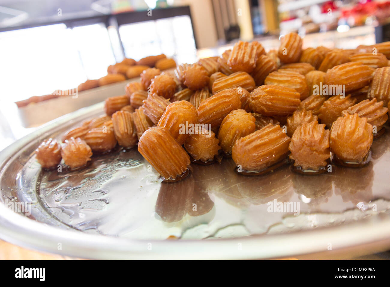 Turkish Tulumba Dessert with Sherbet / Serbet Stock Photo